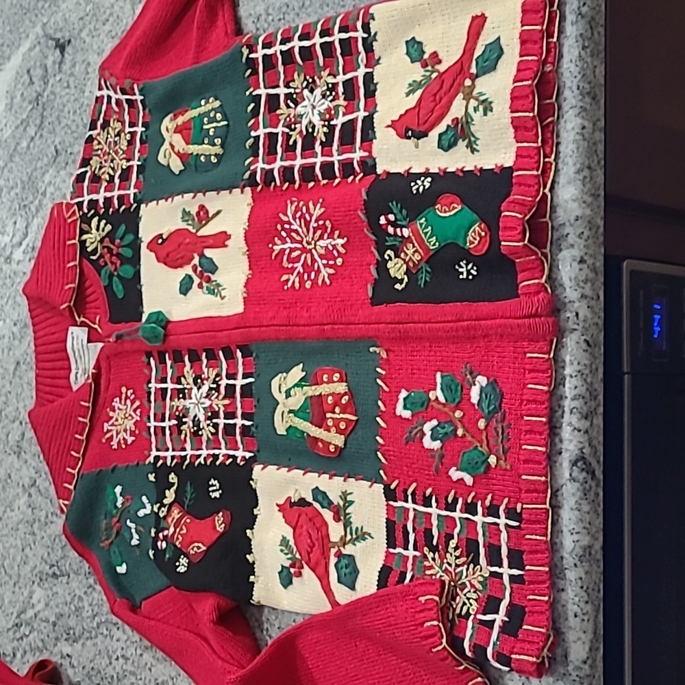 Tiara International Large Christmas Patchwork Cardigan Full Zipper Sweater - Picture 1 of 12